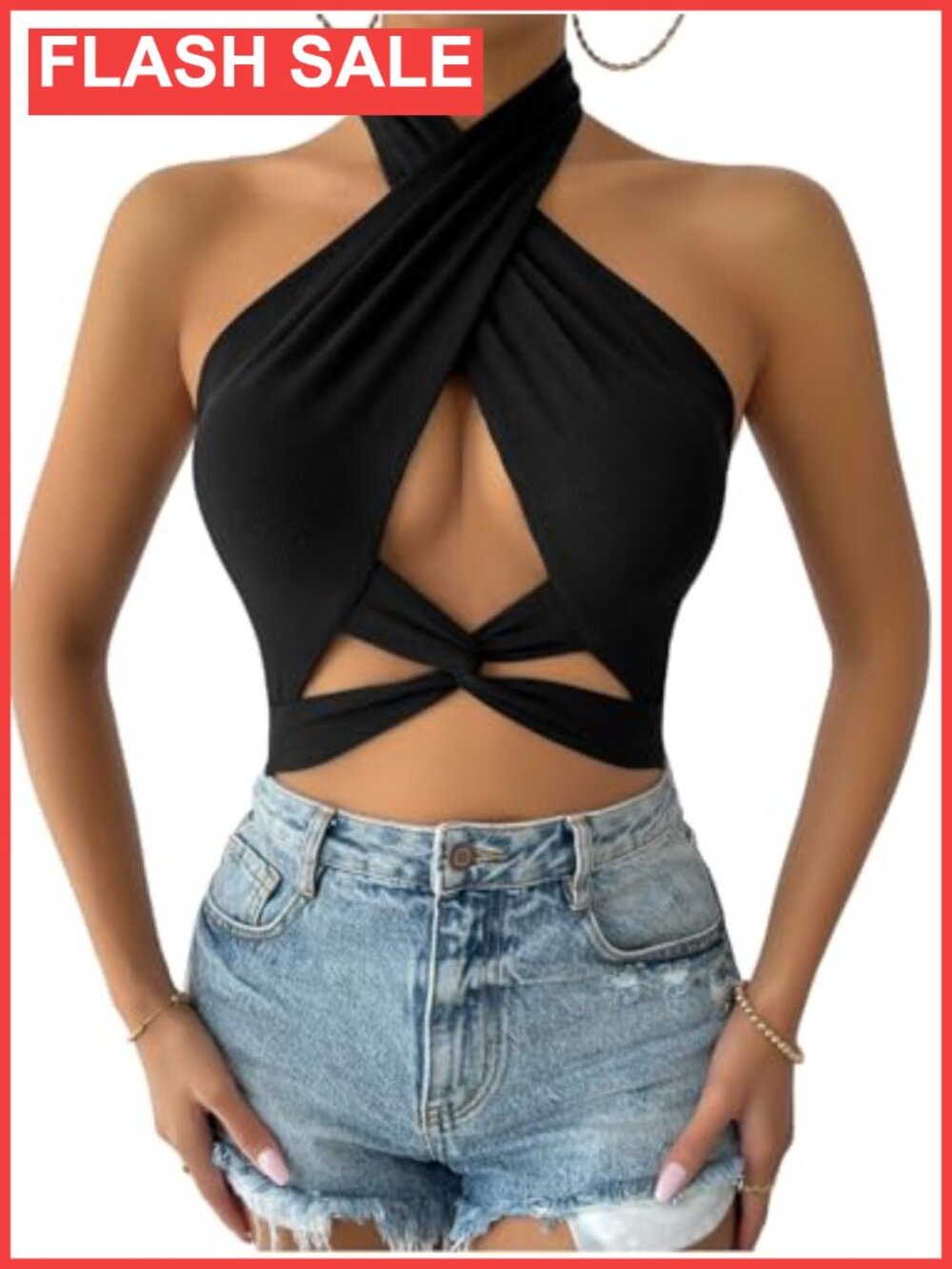 Twist Front Criss Cross Halter Crop Top Ribbed Knit Rave Party